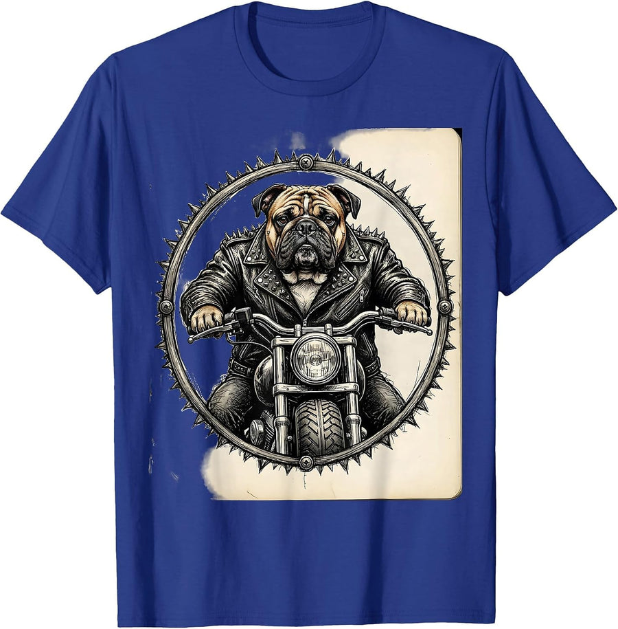 Bulldog Biker Leather Jacket Motorcycle Rider T-Shirt - Royal Blue