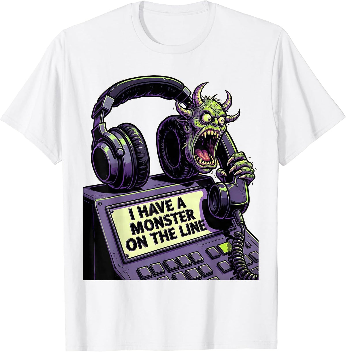 Men's I Have A Monster On The Line Cartoon Halloween Dispatcher T-Shirt - White