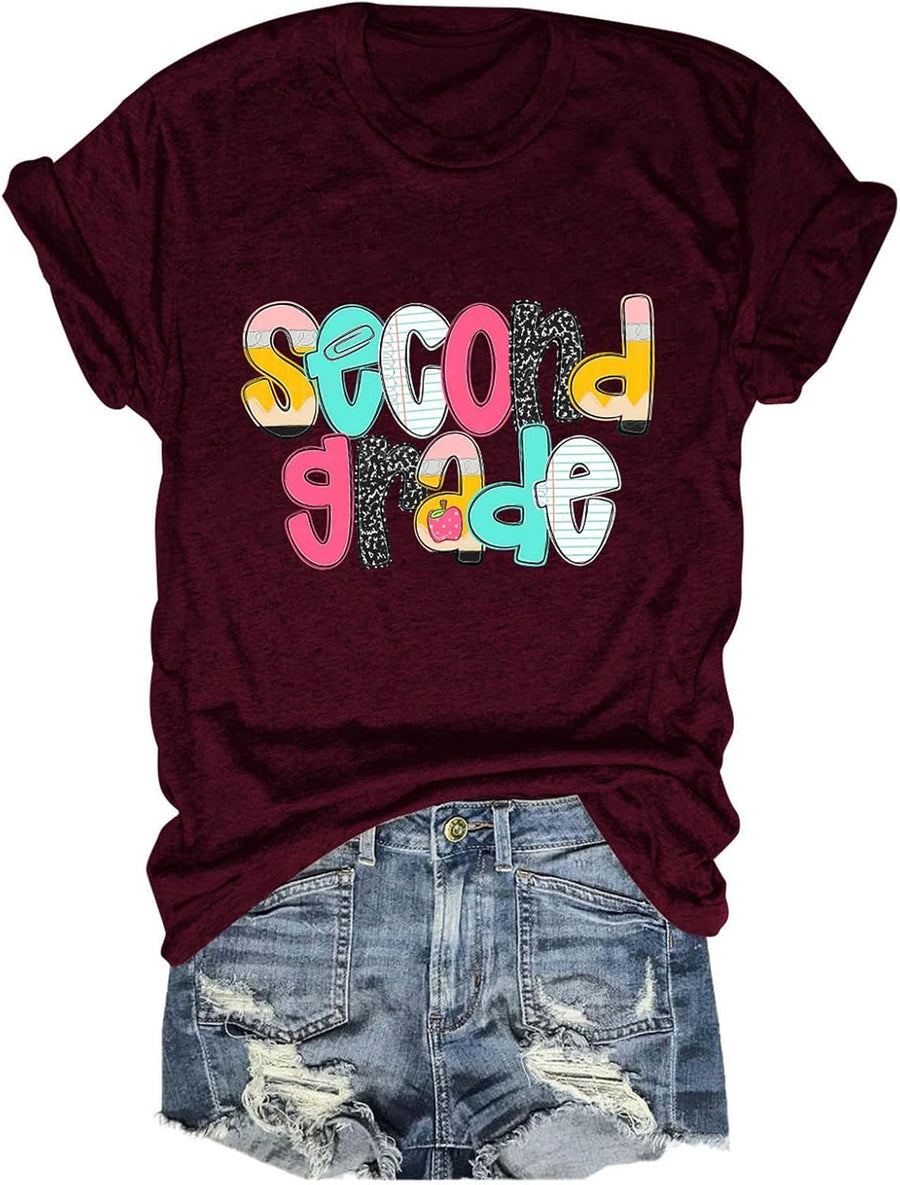 Second Grade Teacher Shirts for Women Back to School Funny Graphic T-Shirt - Wine Red