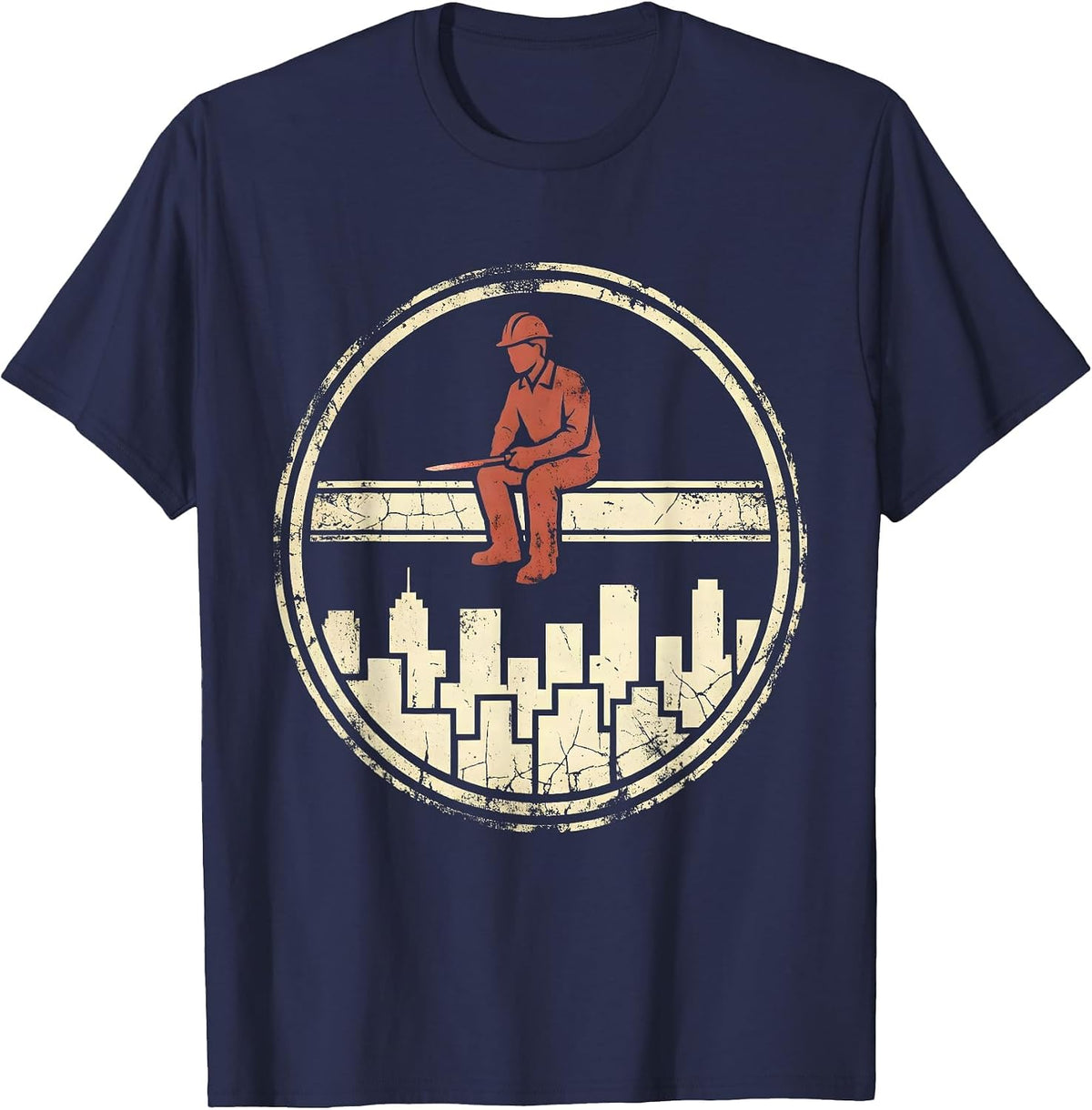 Ironworker on Beam Above City Skyline T-Shirt - Navy Blue