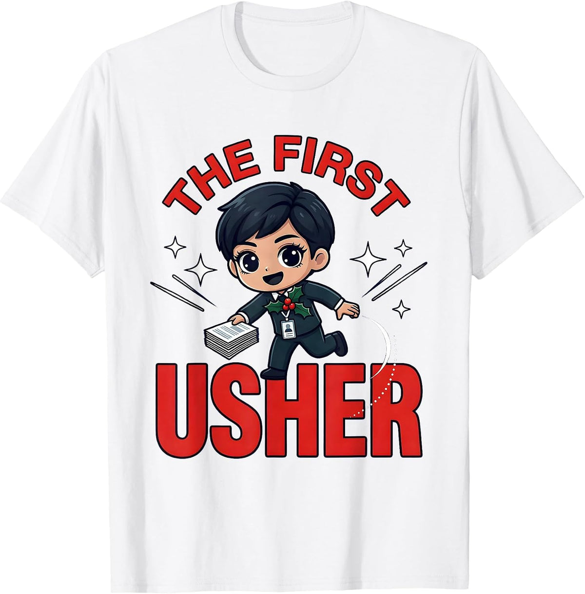 Men's THE FIRST USHER Funny School Staff Christmas Cartoon T-Shirt - White