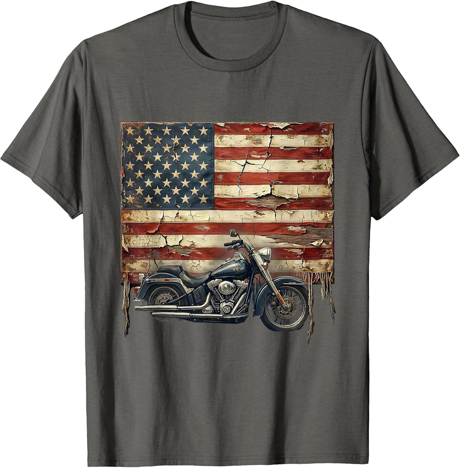 Vintage Motorcycle American Flag Patriotic Graphic T-Shirt - Asphalt Grey