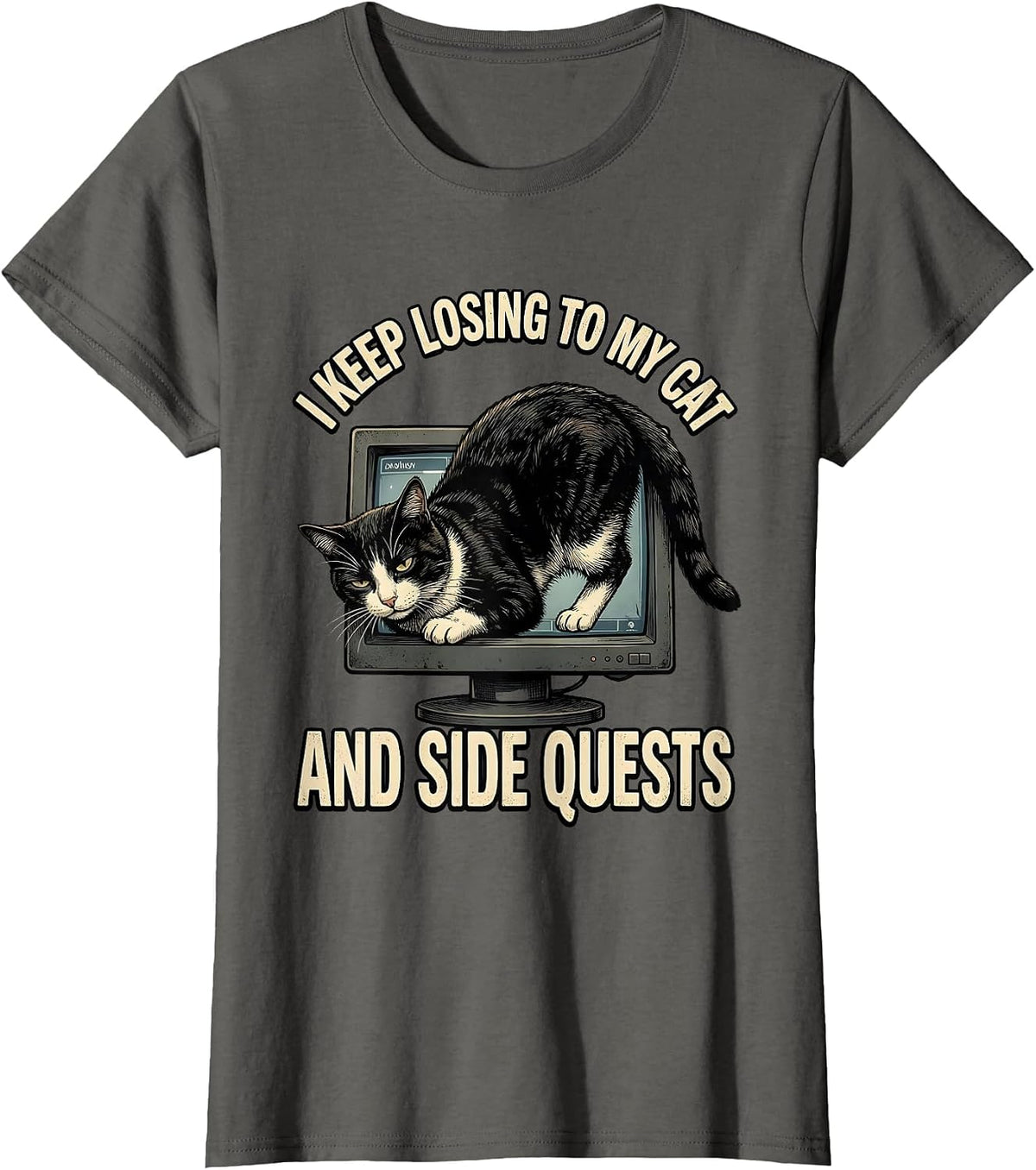 Women's I Keep Losing To My Cat And Side Quests Funny Gamer Cat T-Shirt - Asphalt Grey