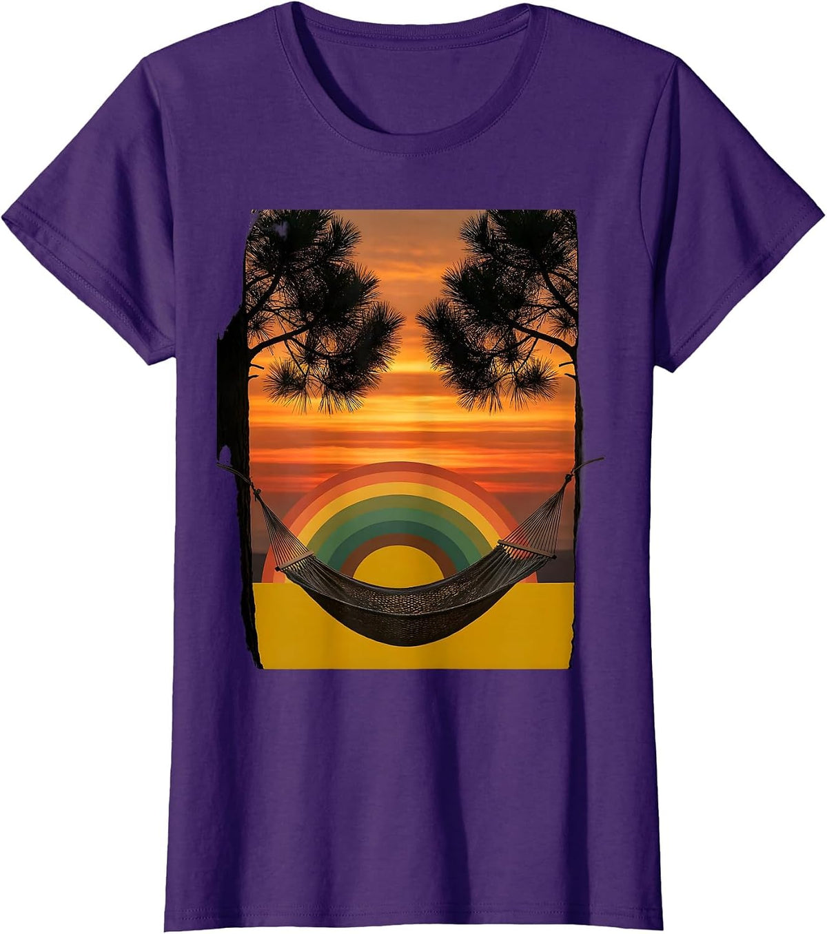 Women's Hammock Pine Trees Camping Illustration T-Shirt - Purple