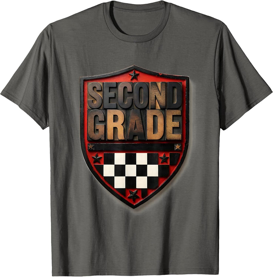 Second Grade Wood Type Letterpress Retro Checkered Back T-Shirt - Asphalt Grey