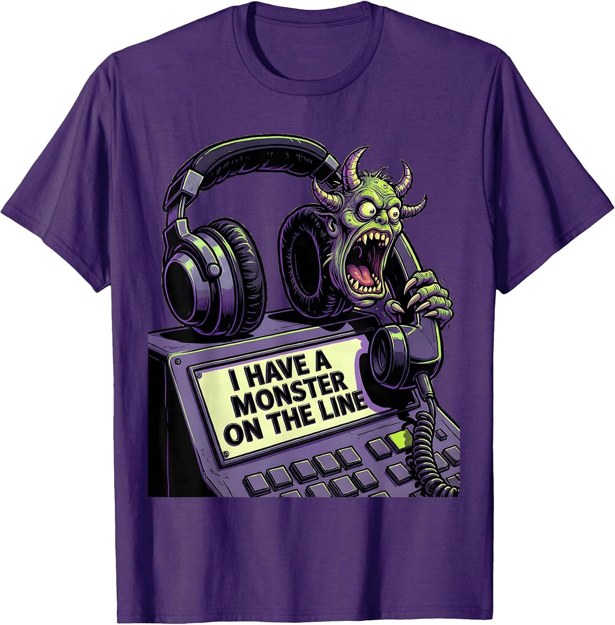 Men's I Have A Monster On The Line Cartoon Halloween Dispatcher T-Shirt - Purple