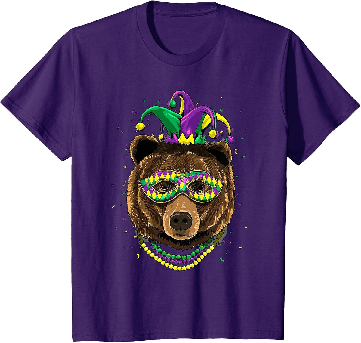 Bear Animal Lover Cute Mardi Gras Carnival Jester T-Shirt, Youth, Purple, Medium - As Pictured