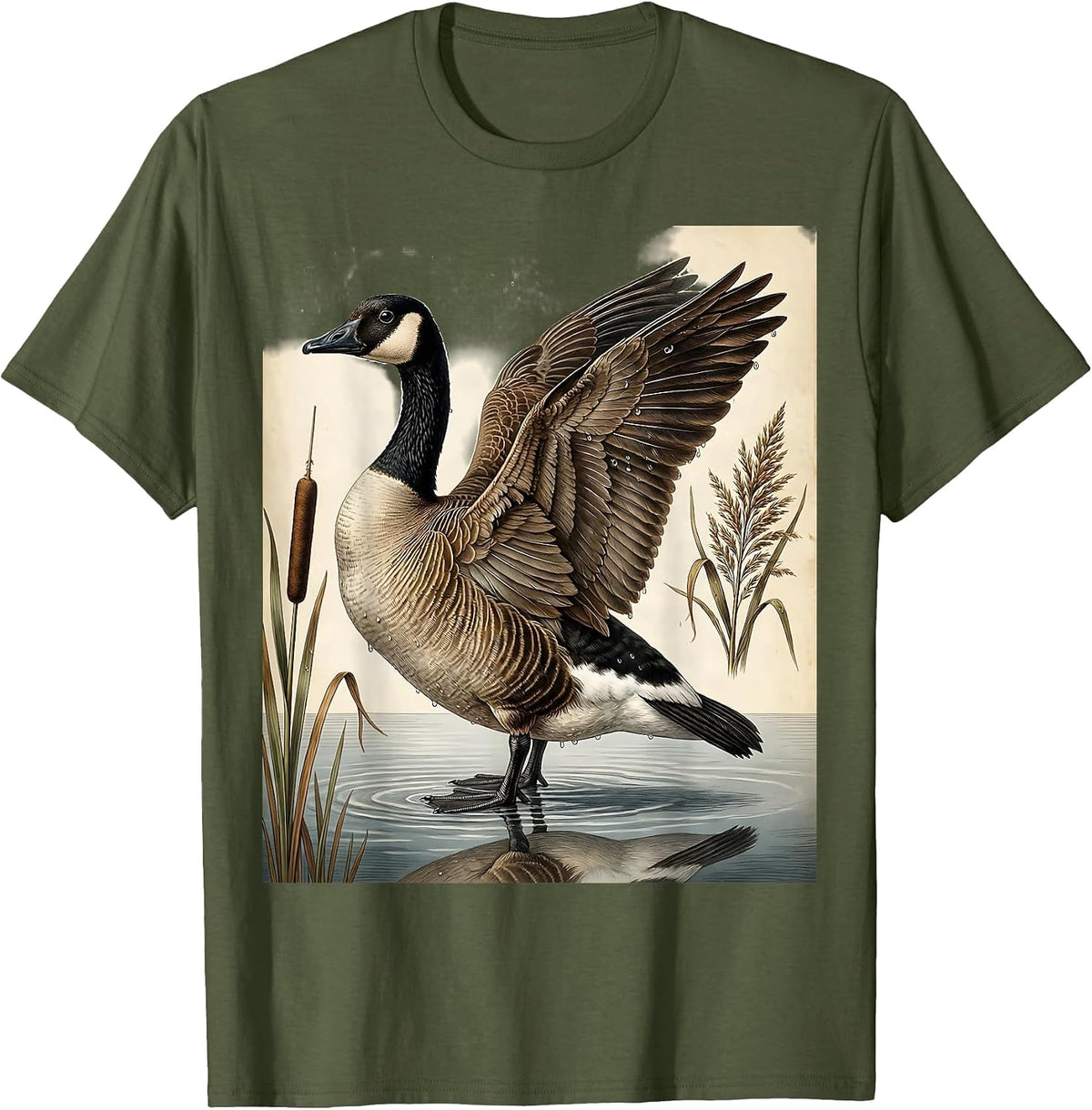 Goose Emerging From Misty Lake at Dawn T-Shirt - Olive Green