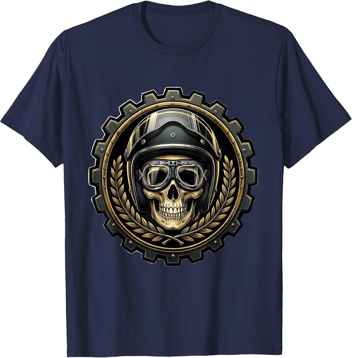 Skull Motorcycle Helmet and Goggles Biker Graphic T-Shirt - Navy Blue