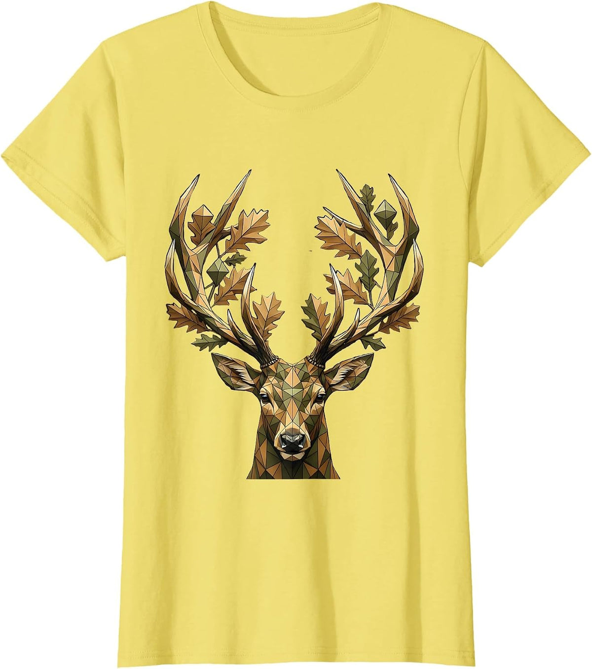 Camo Deer Antlers Oak Leaves Hunting Design T-Shirt - Lemon Yellow