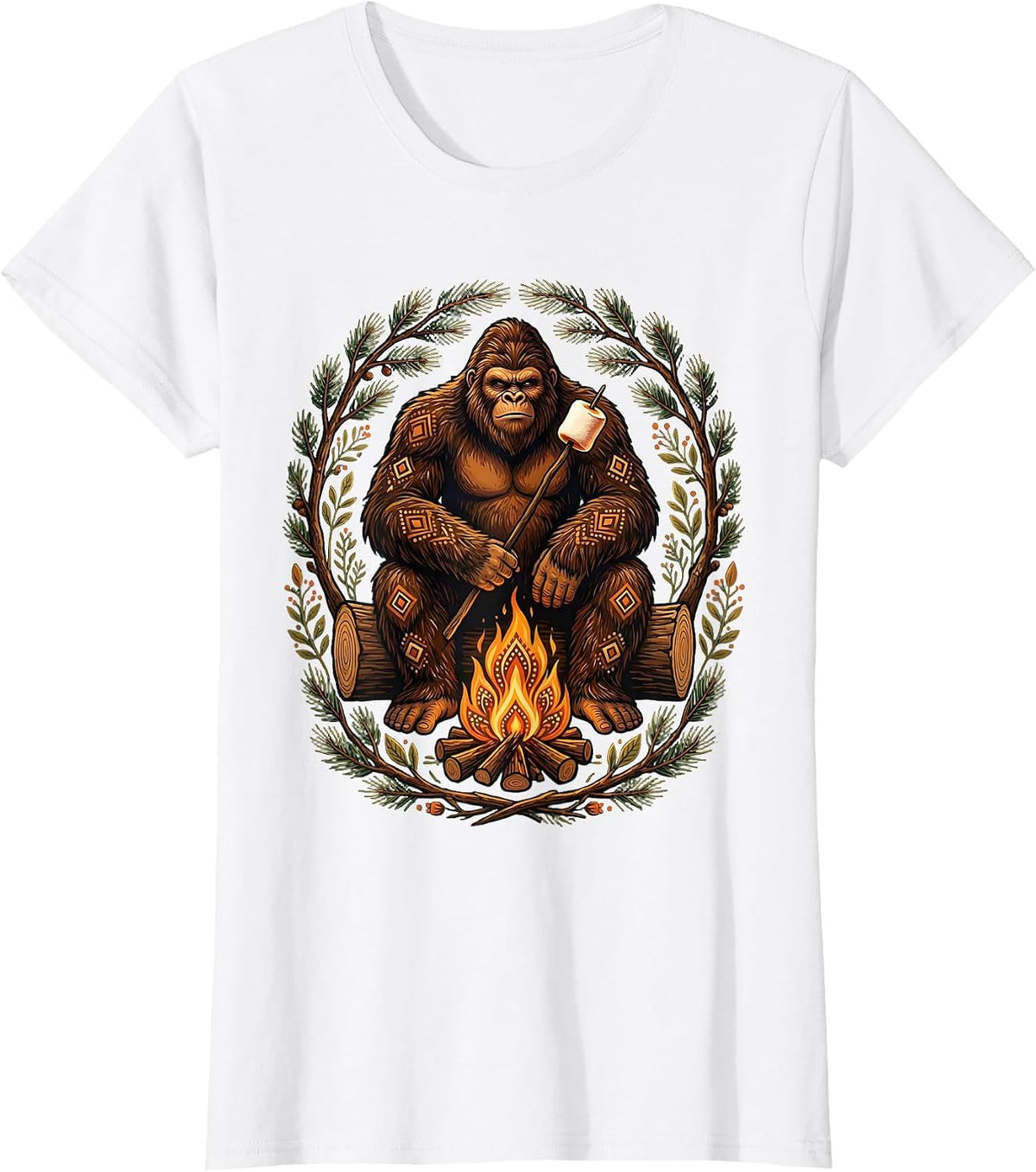 Sasquatch Roasting Marshmallow Over Campfire T-Shirt - White