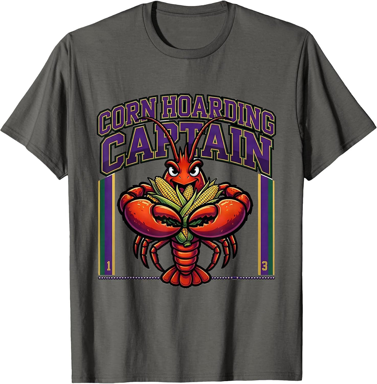 Men's Corn Hoarding Captain Bold Mardi Gras Crawfish Carnival T-Shirt - Asphalt Grey