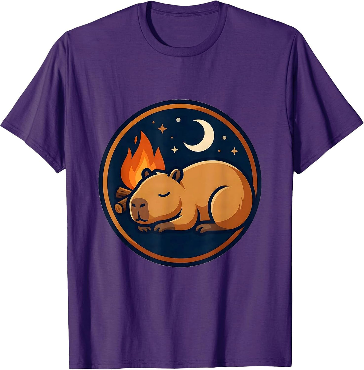 Men's Capybara Sleeping by Campfire Night Scene T-Shirt - Purple