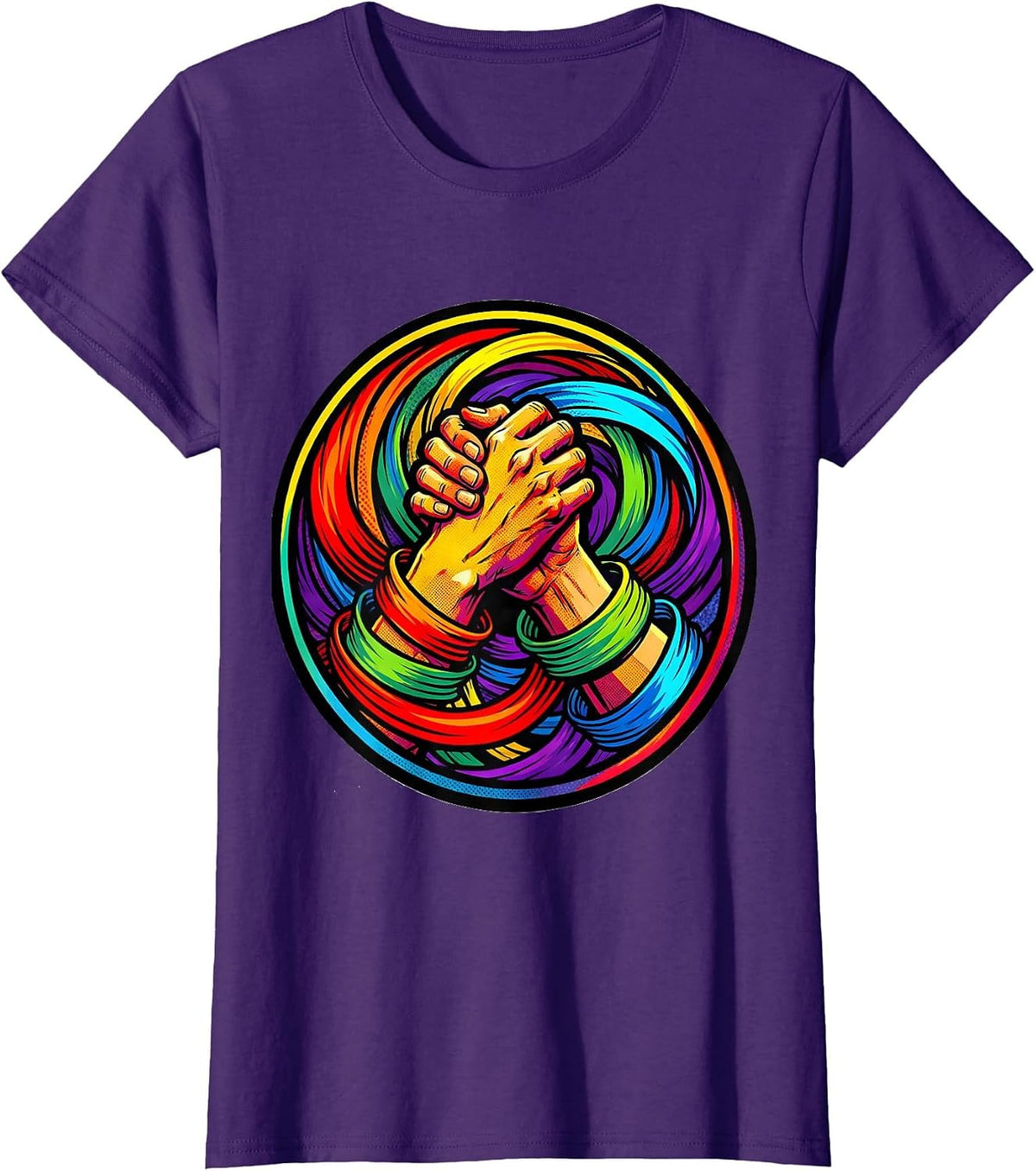 Women's Rainbow Ribbon Hands Gay Pride Graphic T-Shirt - Purple