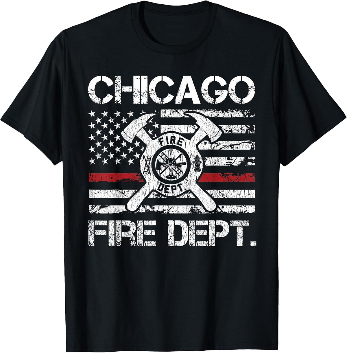 Chicago Illinois Fire Department Thin Red Line Fireman T-Shirt - Black