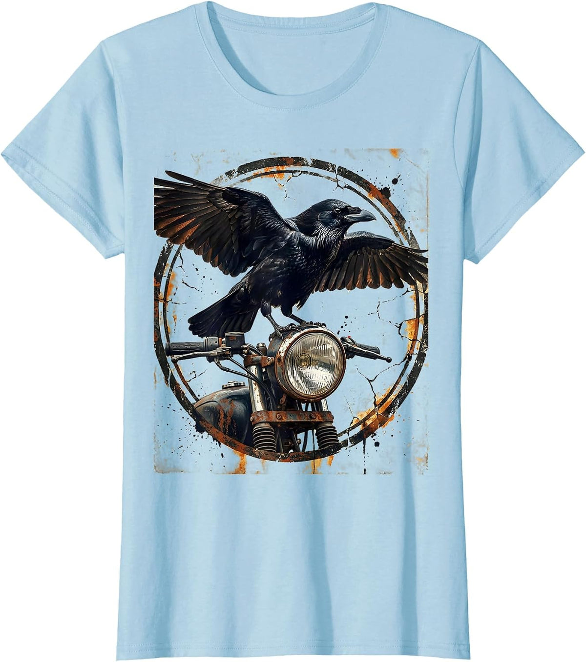 Raven on Rusted Motorcycle Headlight Graphic T-Shirt - Baby Blue