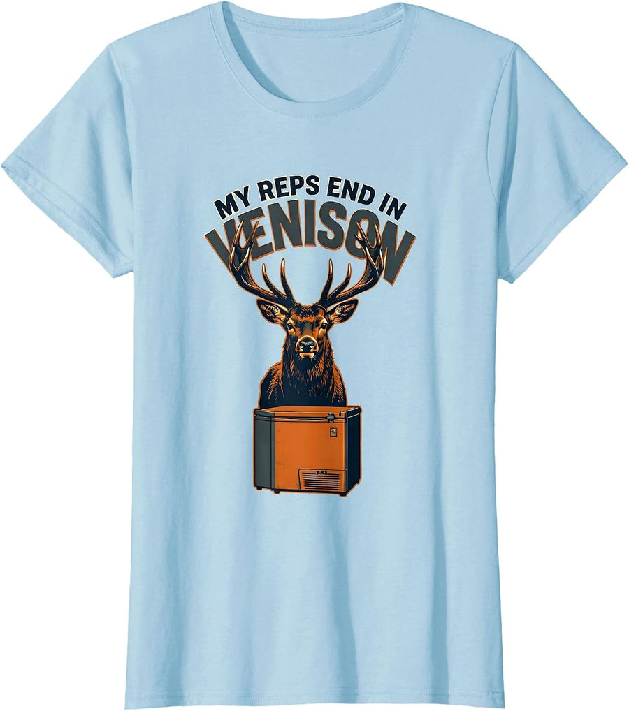 Women's My Reps End In Venison Funny Hunting Dad Joke Fitness Deer T-Shirt - Baby Blue