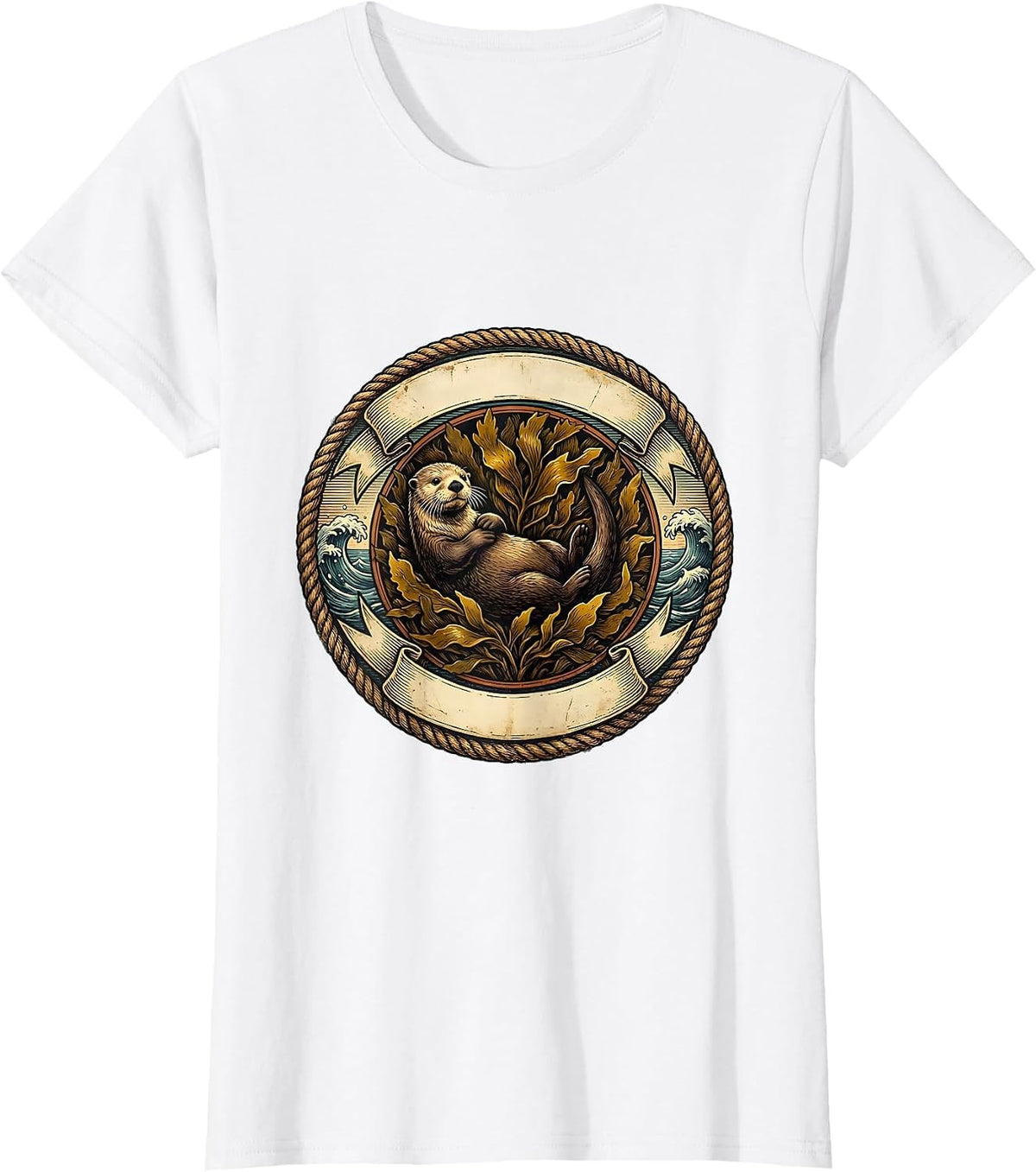 California Sea Otter Floating on Kelp Bed Design T-Shirt - White