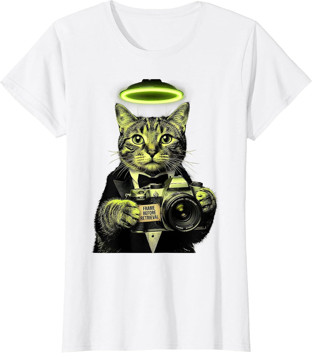 Frame Before Retrieval Funny Cat UFO Abduction Selfie T-Shirt - White