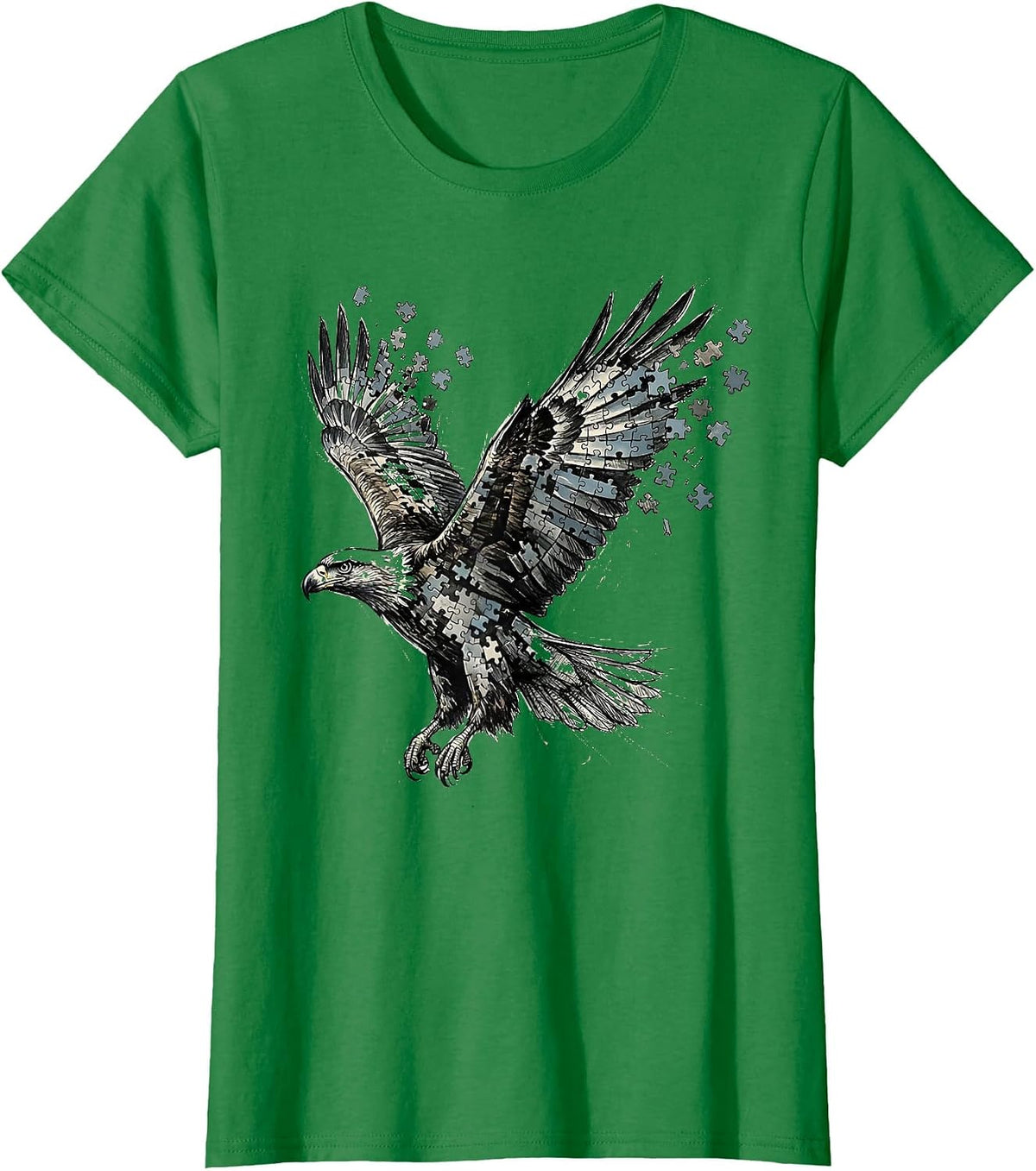 Women's Autism Awareness Puzzle Piece Soaring Bird Design T-Shirt - Kelly Green