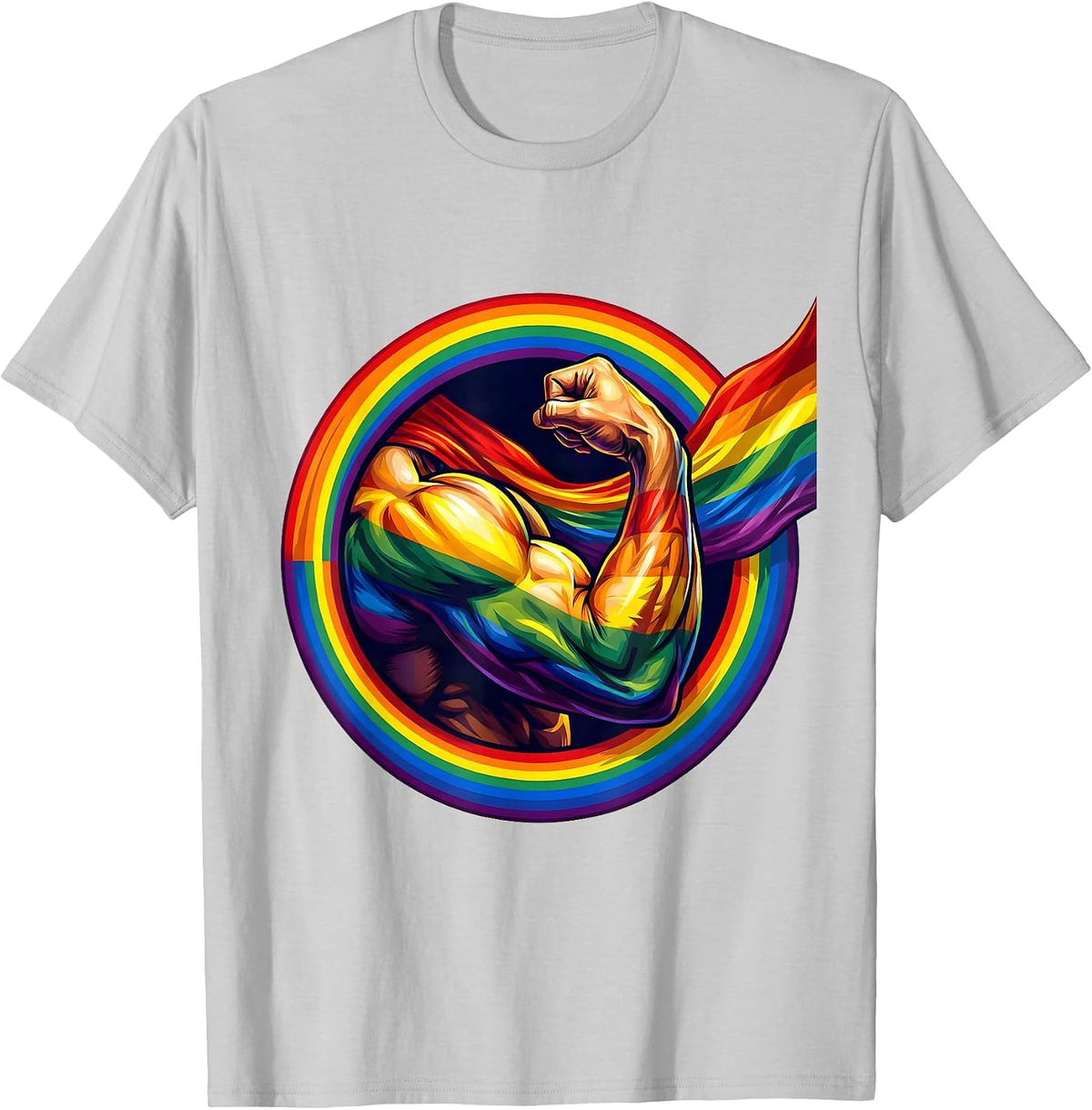 Men's Pride Flex Muscular Arm Rainbow Flag Graphic T-Shirt - Silver Grey