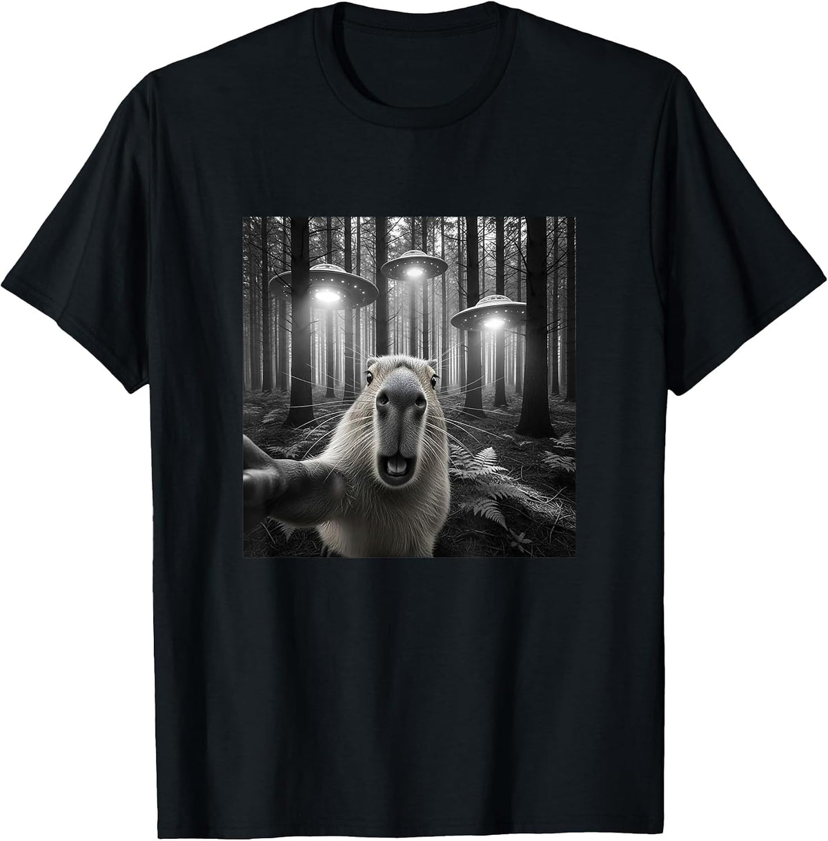 Funny Capybara Selfie with Alien UFO for Men Women Kid T-Shirt - Black