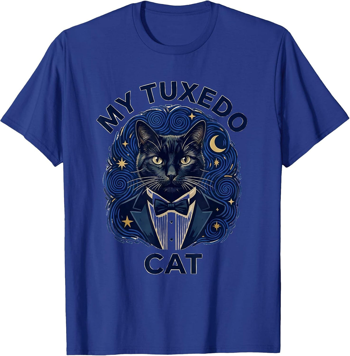 Men's My Tuxedo Cat Artistic Van Gogh Starry Night Pet Portrait T-Shirt - Royal Blue