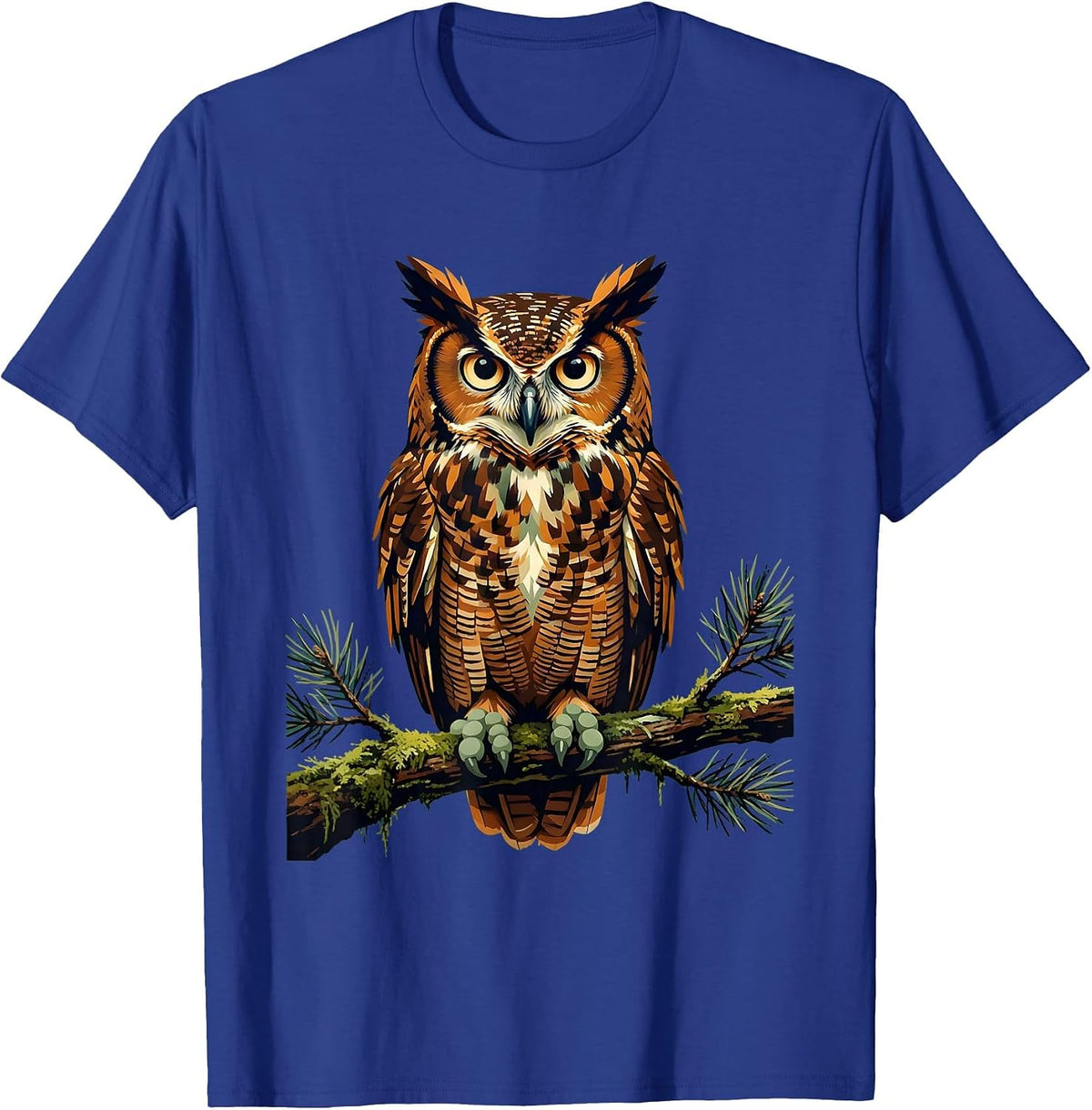 Men's Owl on Mossy Branch Camping Nature Illustration T-Shirt - Royal Blue