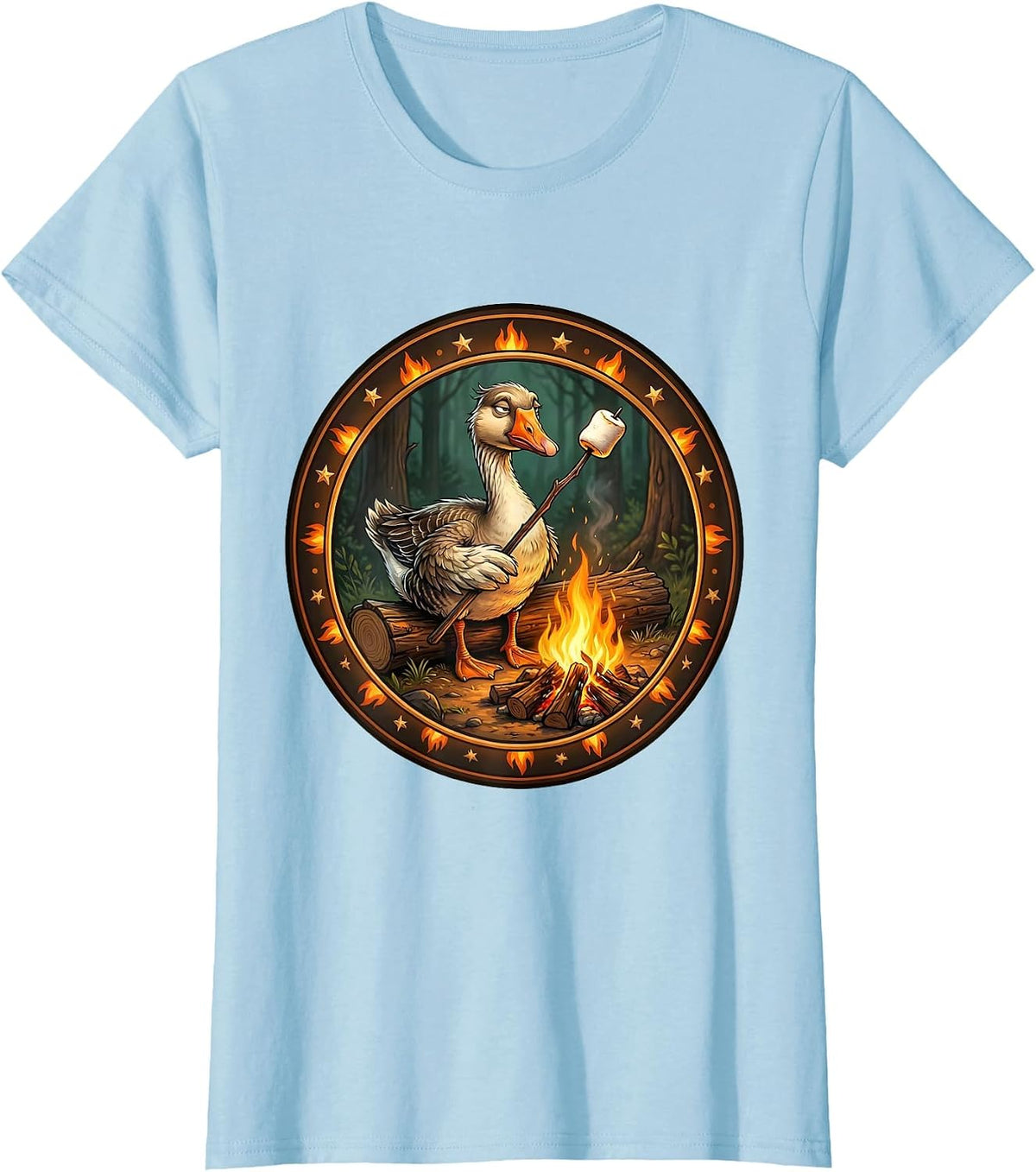 Silly Goose Roasting Marshmallow Campfire T-Shirt - Baby Blue