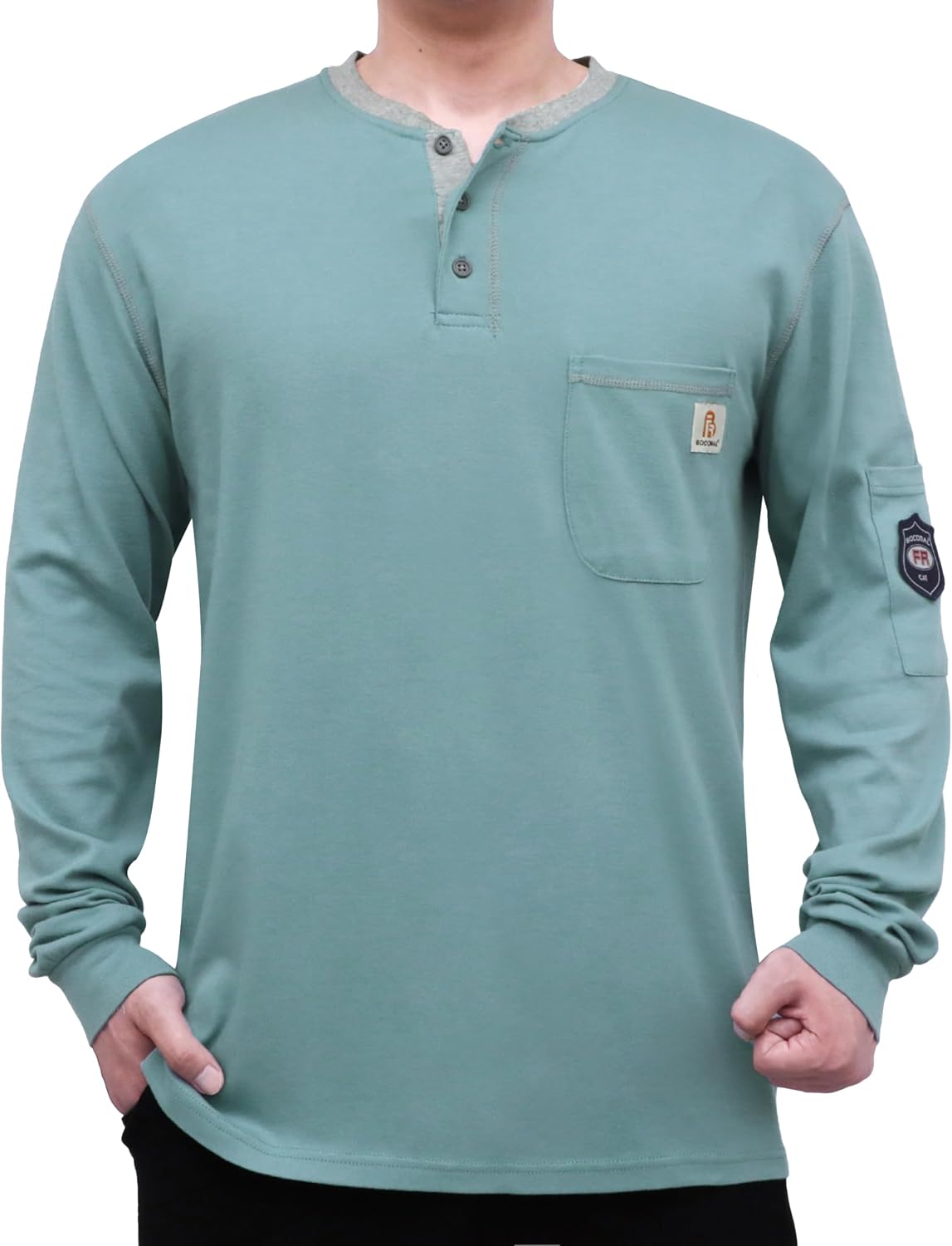 BOCOMAL FR Shirts for Men 5.5oz Long Sleeve Henley Contrast Stitches/Collar - Henley Green