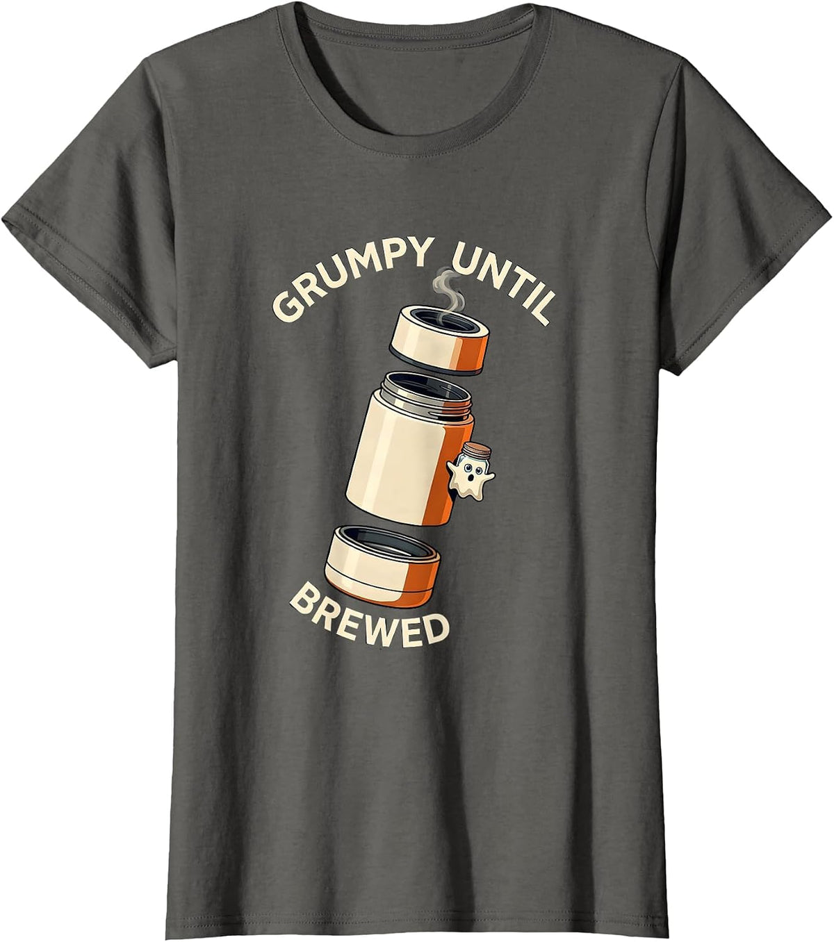 Women's Grumpy Until Brewed Funny Halloween Ghost Coffee Lover T-Shirt - Asphalt Grey
