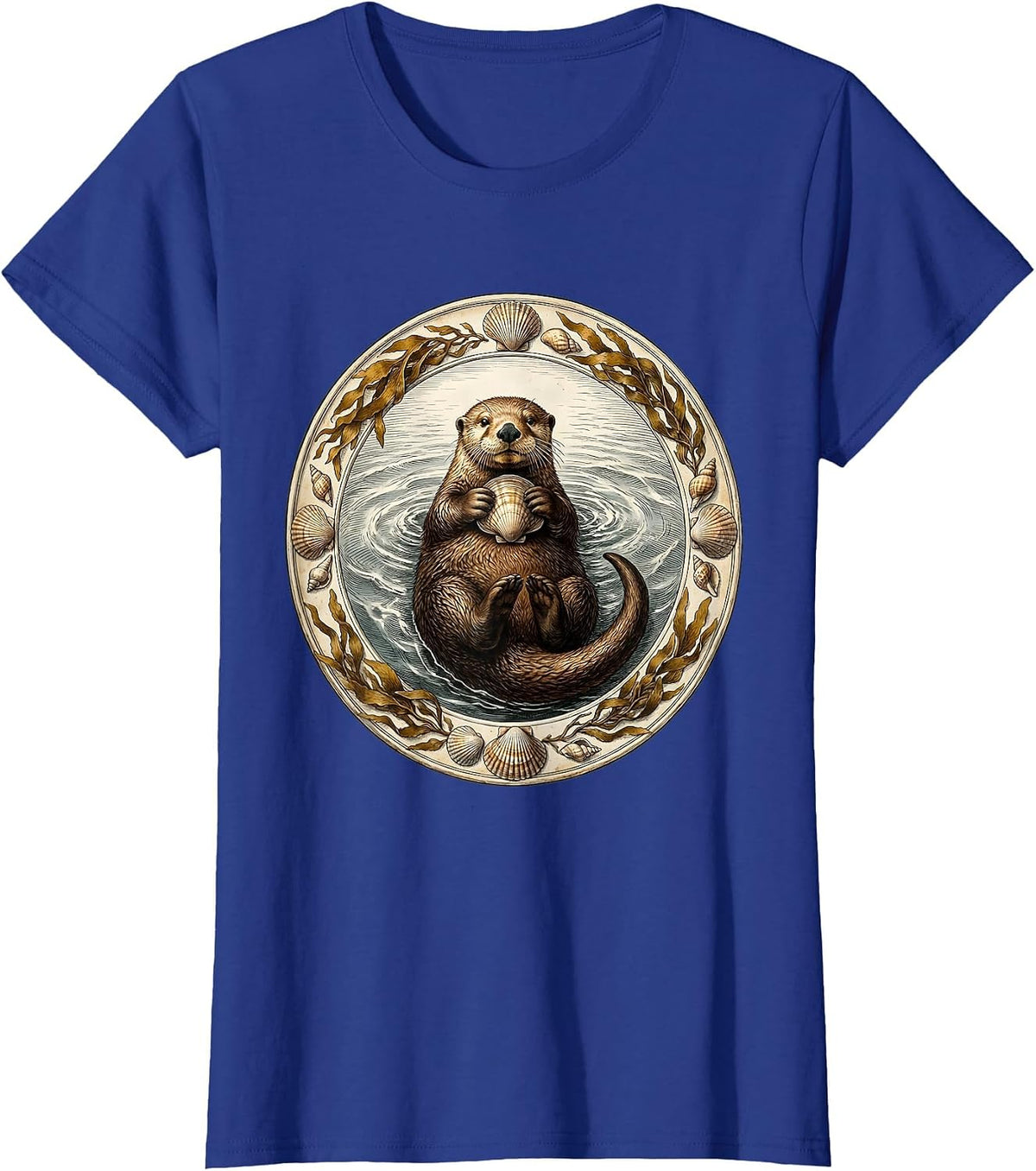 Women's Sea Otter Floating With Clam Illustration T-Shirt - Royal Blue