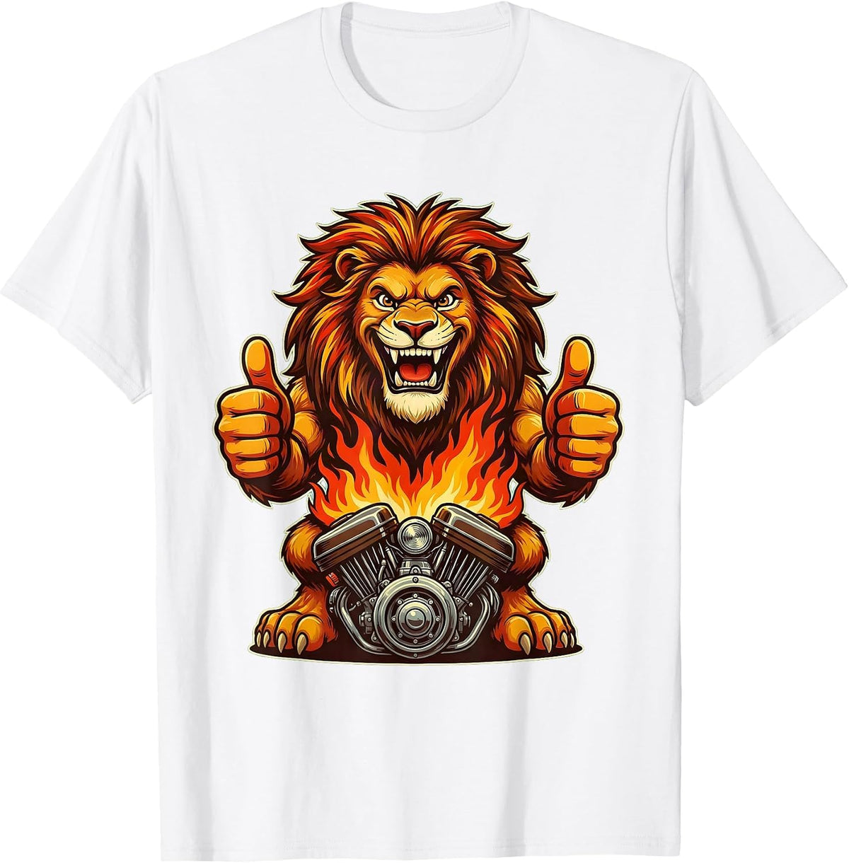 Men's Lion Head Motorcycle Engine Flames Graphic T-Shirt - White
