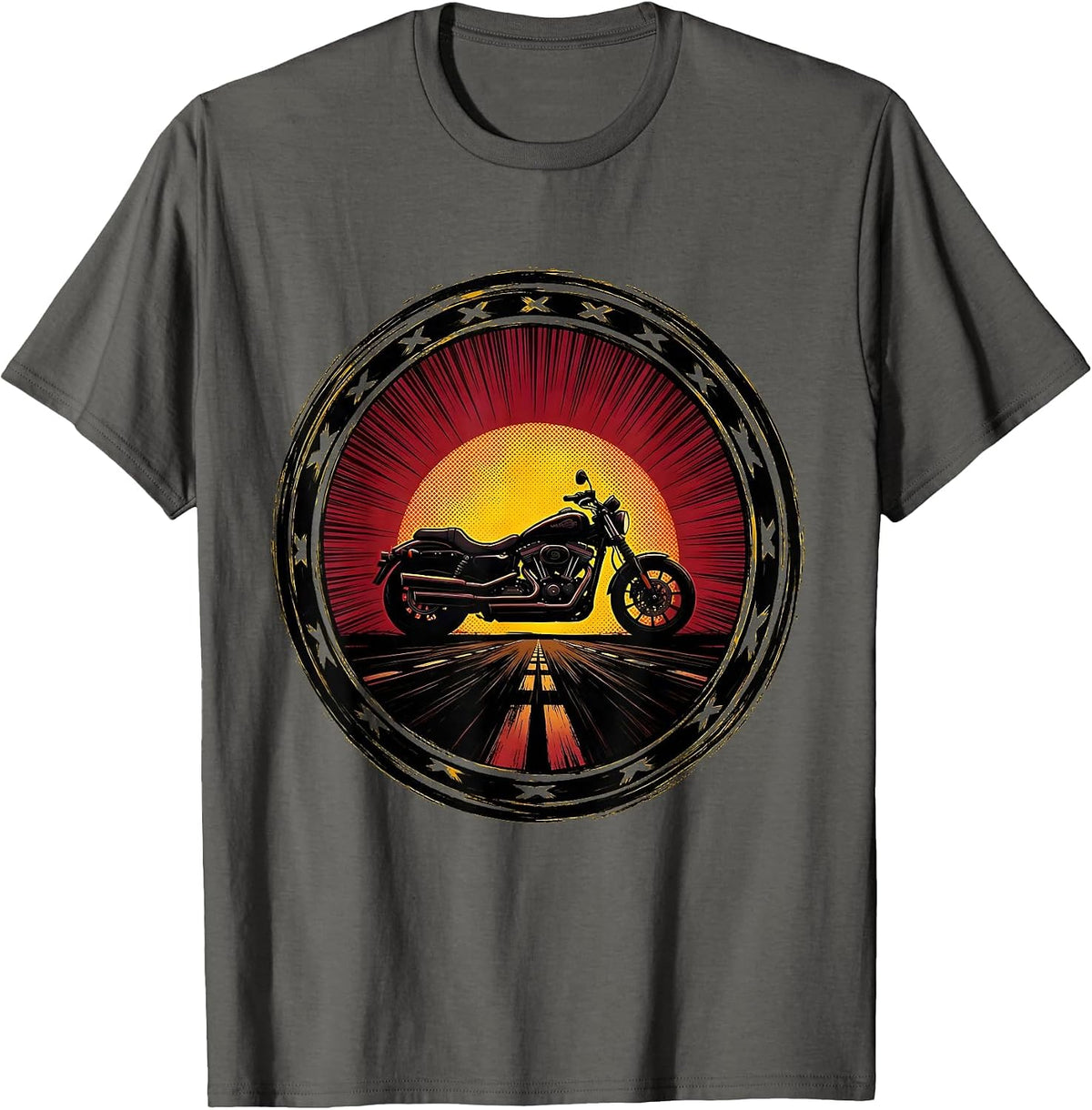 Retro 80s Motorcycle Sunset Silhouette Design T-Shirt - Asphalt Grey