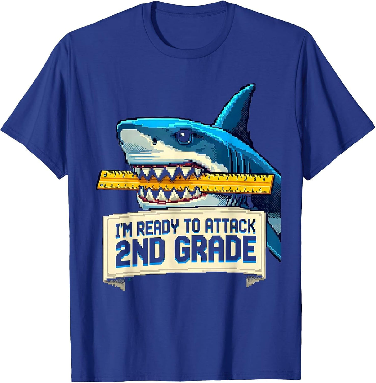 I'm Ready To Attack 2nd Grade Pixel Art Funny Shark Back T-Shirt - Royal Blue