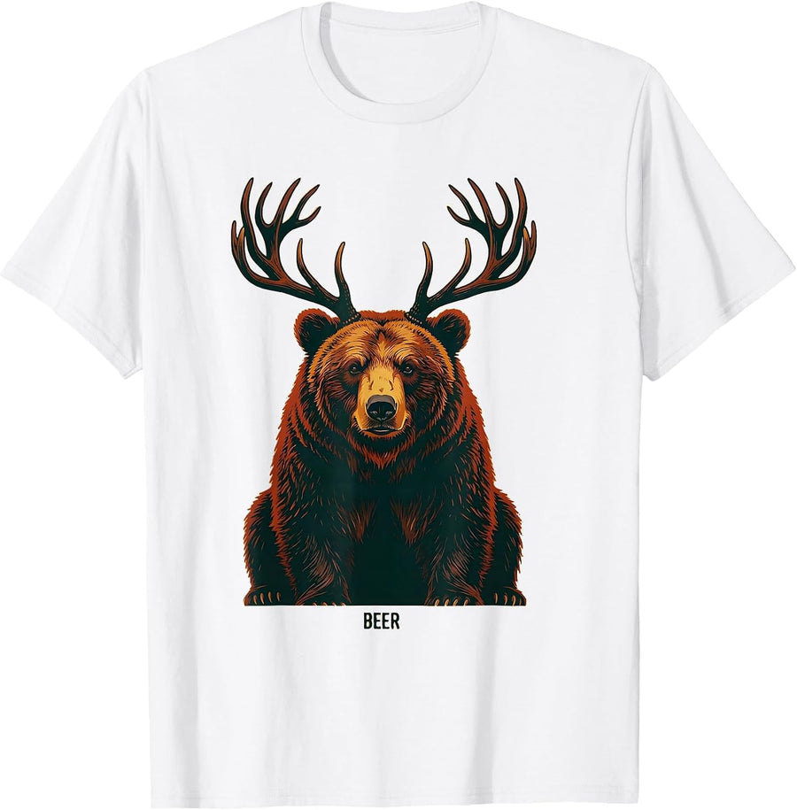 Men's BEER Vintage Bear Deer Funny Hunting Camping Drinking Humor T-Shirt - White