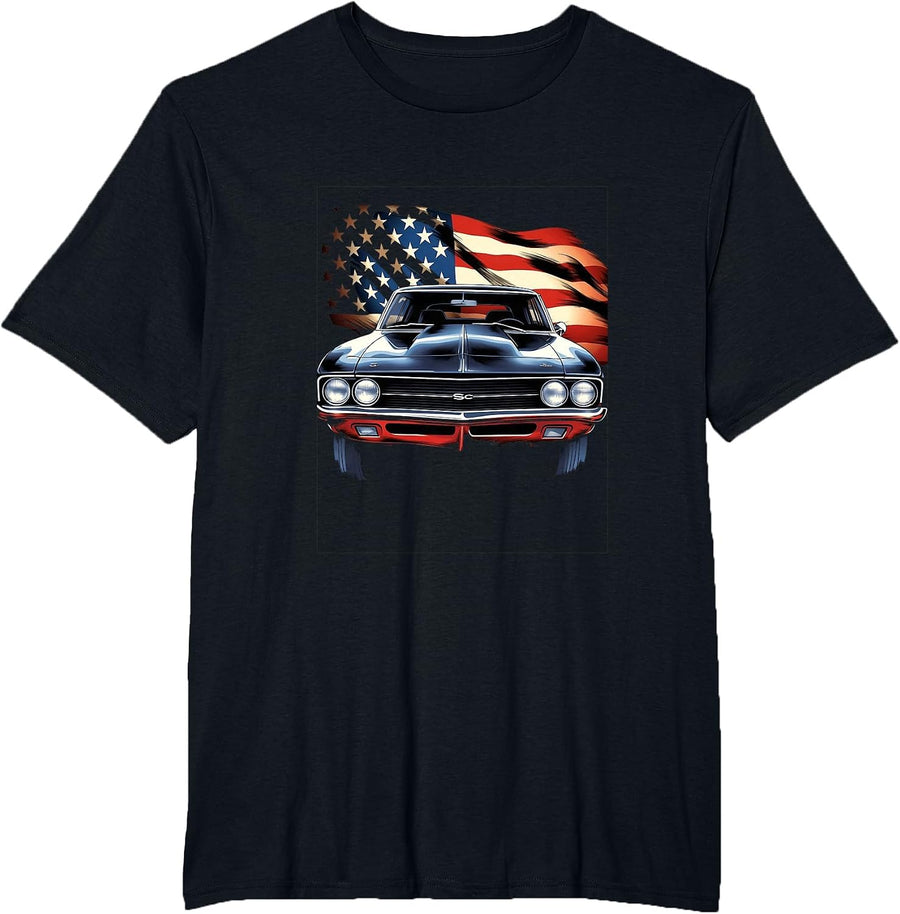 Muscle Car American USA Flag Vintage Car T-Shirt - Black
