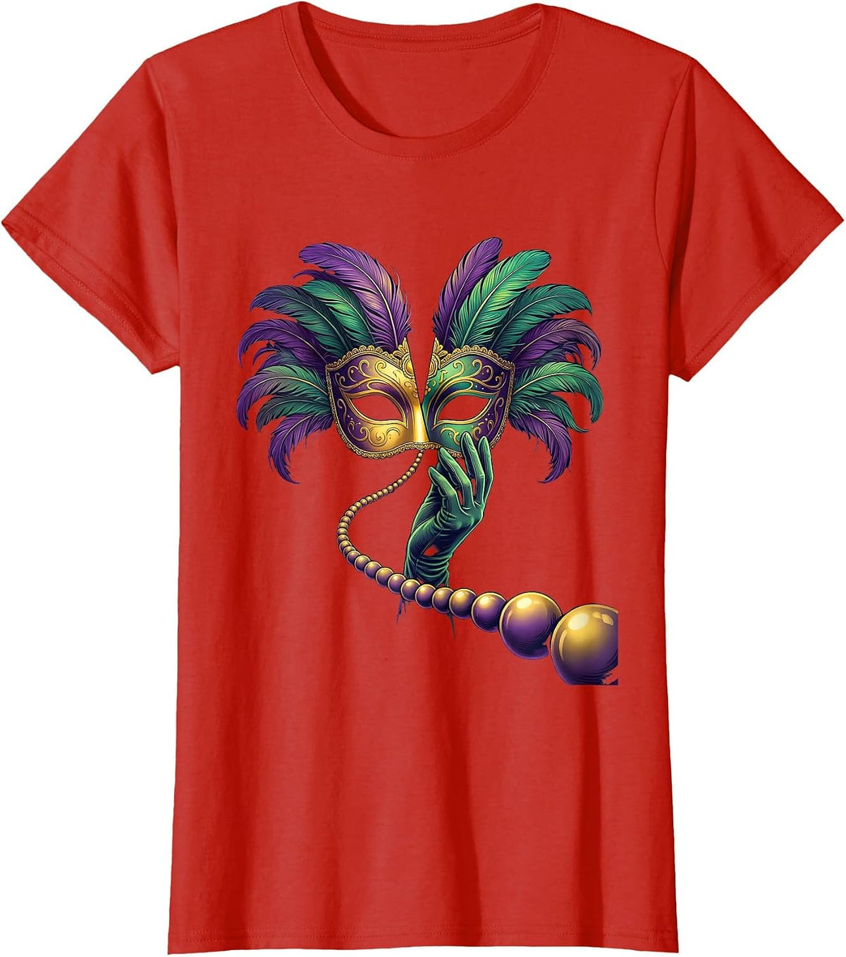 Women's Mardi Gras Mask Flung Open Party Costume Reveler T-Shirt - Red