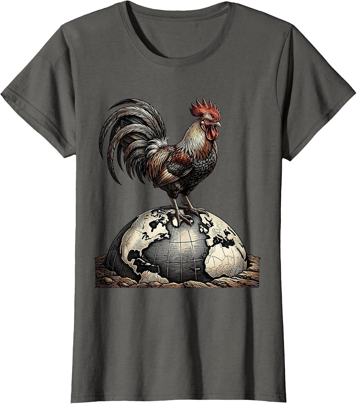Women's Rooster on the Globe Graphic Design T-Shirt - Asphalt Grey