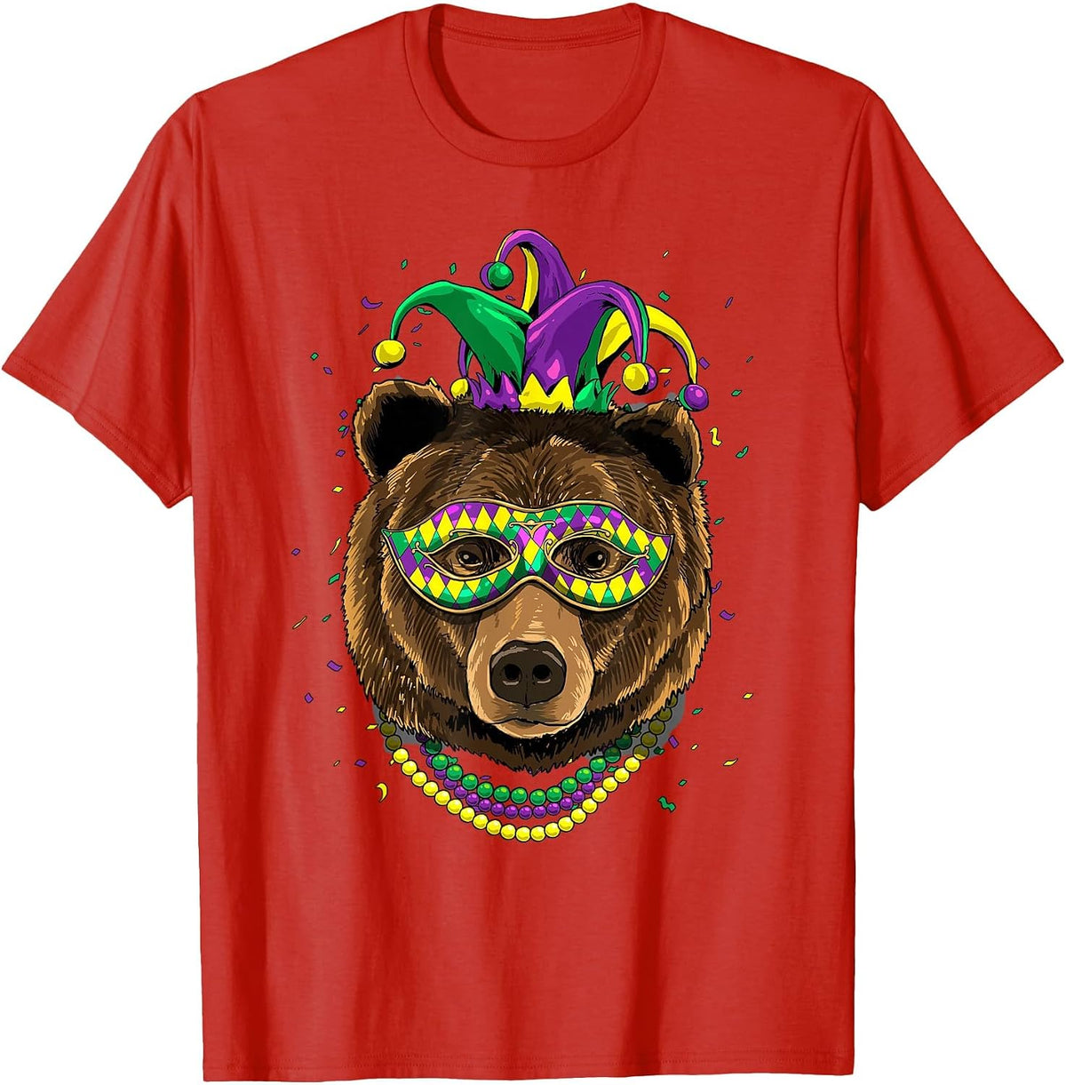 Bear Animal Lover Cute Mardi Gras Carnival Jester T-Shirt, Men, Red, Large - As Pictured