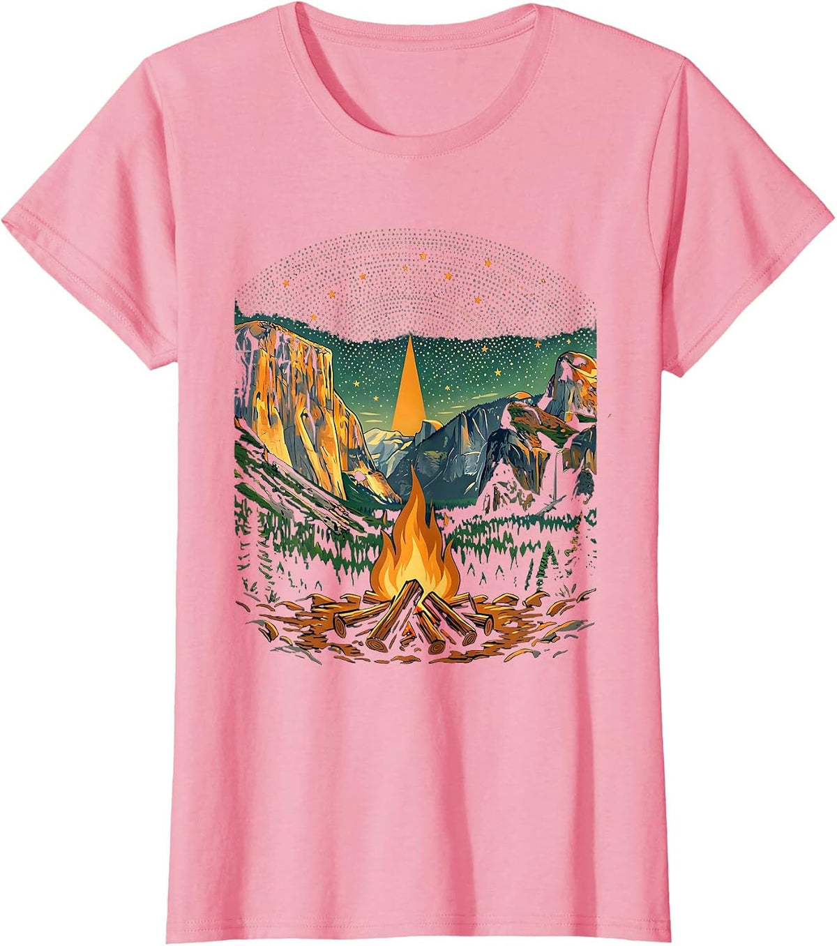 Women's Yosemite Campfire Starry Night Sky Illustration T-Shirt - Pink