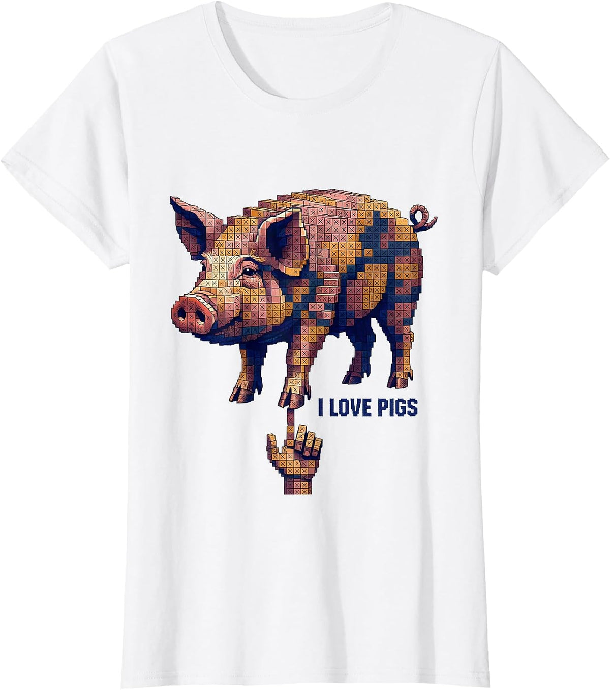 Women's I Love Pigs Funny Farm Animal Lover Cross Stitch Sampler T-Shirt - White