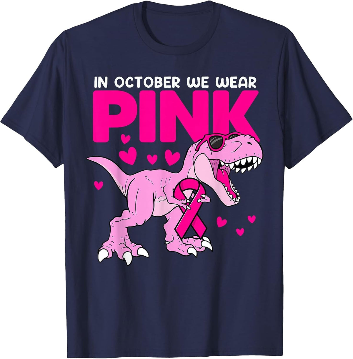 in October We Wear Pink Cute Dinosaur Breast Cancer Boys T-Shirt - Navy Blue