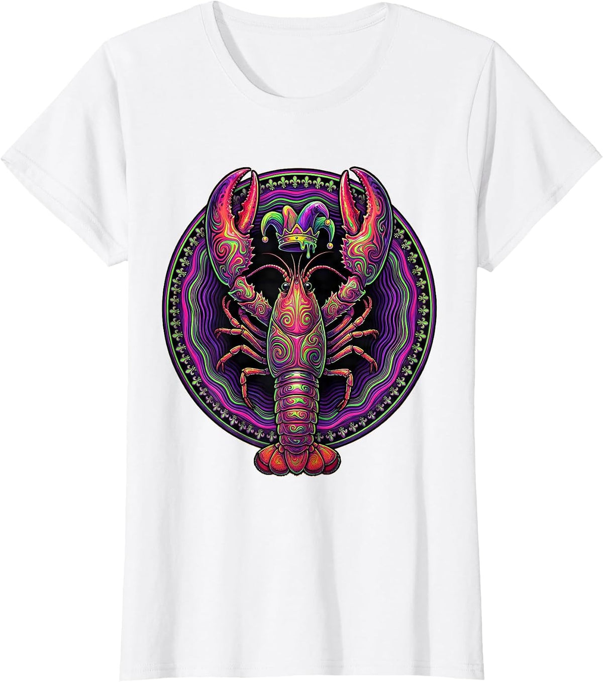 Women's Mardi Gras Crawfish Jester Crown Illustration T-Shirt - White