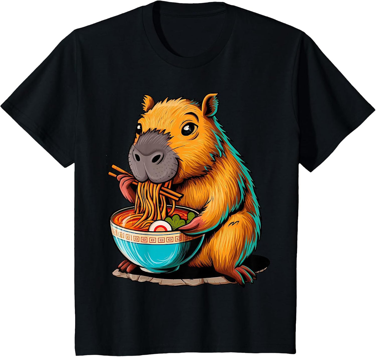 Cute Kawaii Capybara Eating Japanese Ramen Noodles Anime T-Shirt - Black