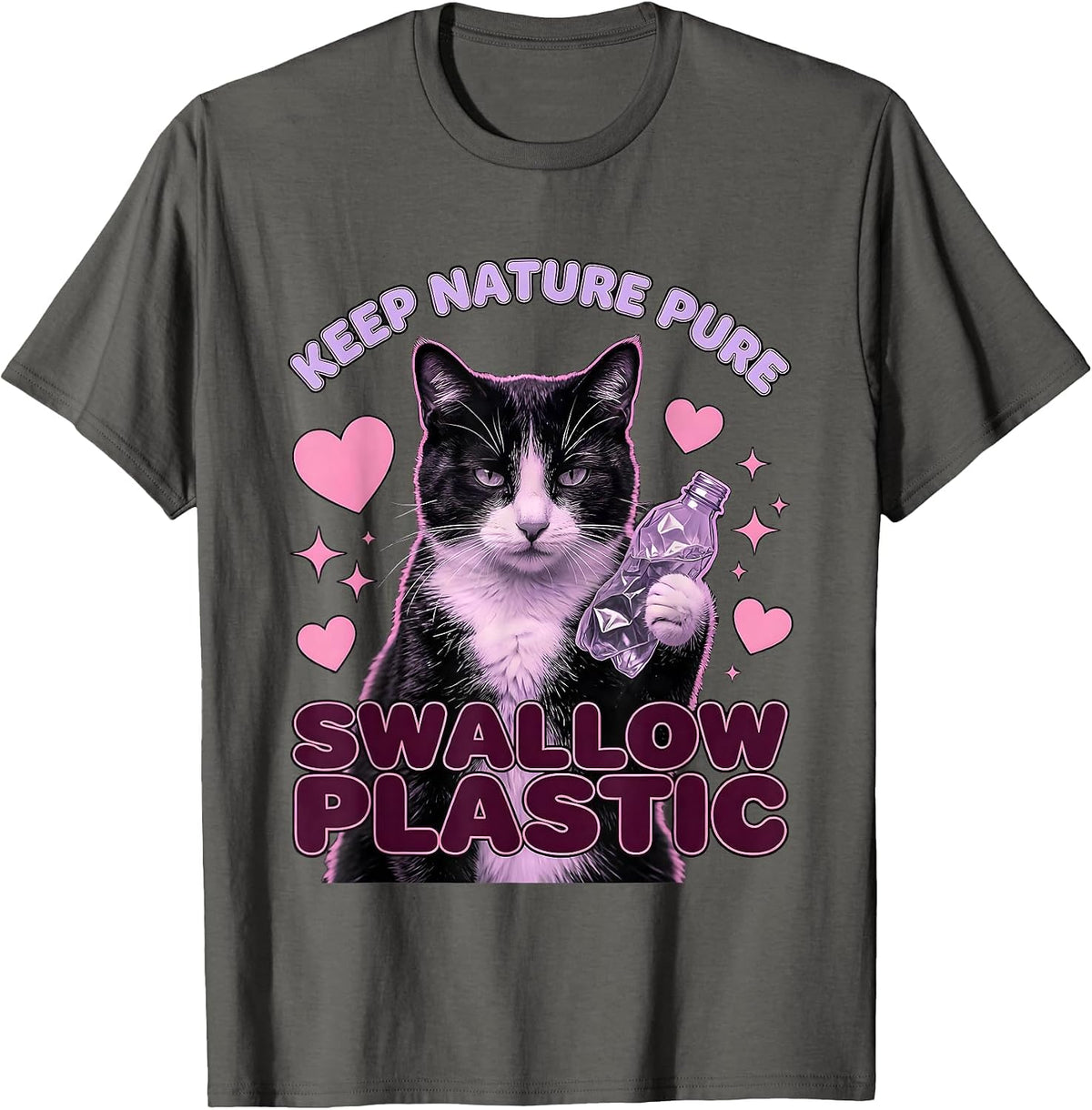 Men's Keep Nature Pure Swallow Plastic Cute Cat Meme Absurdist T-Shirt - Asphalt Grey