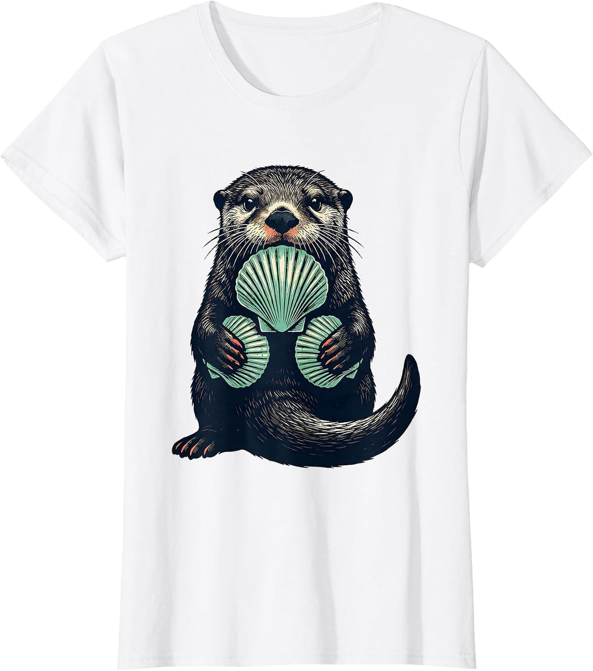 Sea Otter Linocut Funny Otter Lover Gift T-Shirt - White