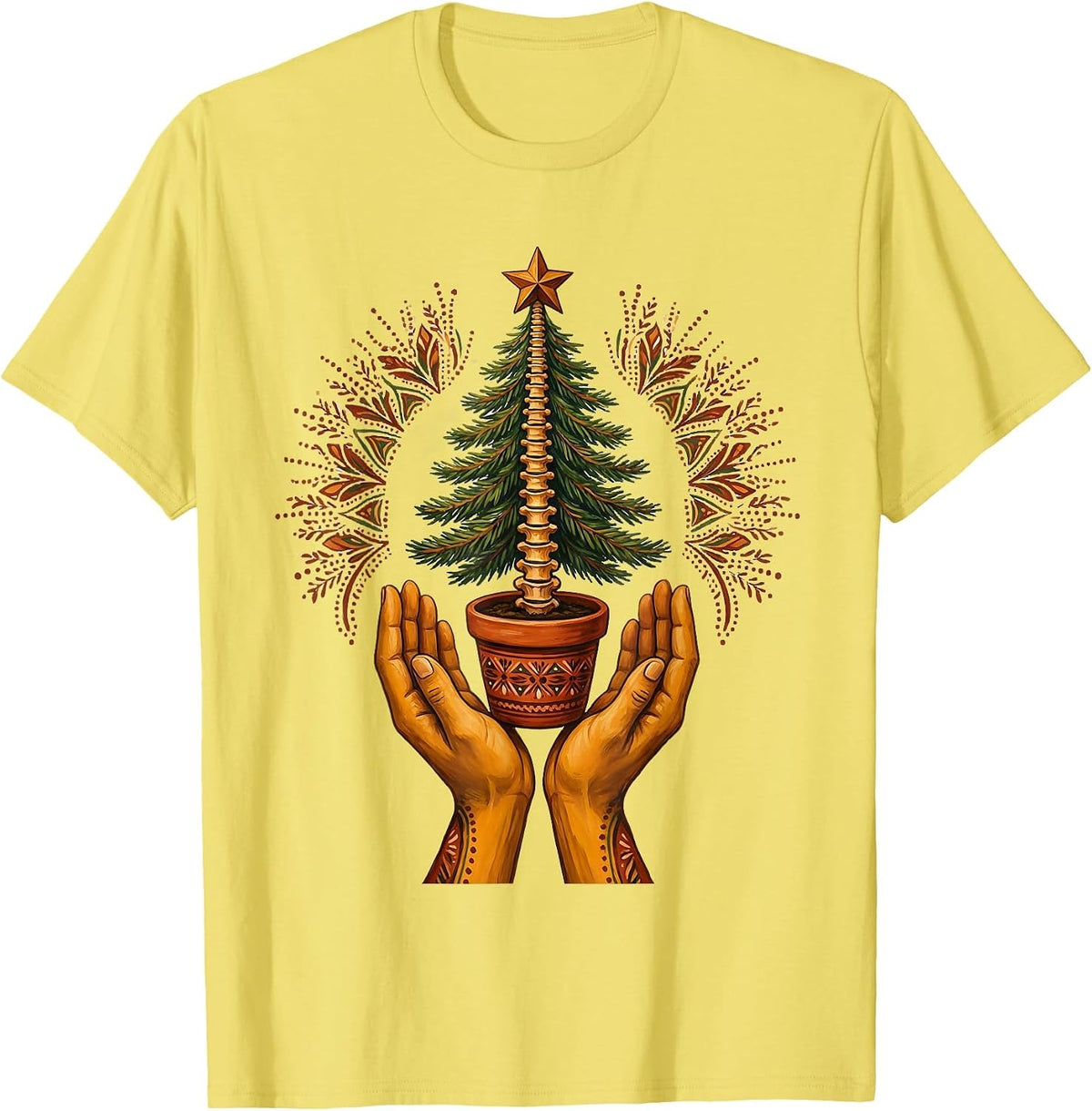 Men's Symmetrical Hands Offering Evergreen Folk Art Chiropractor T-Shirt - Lemon Yellow