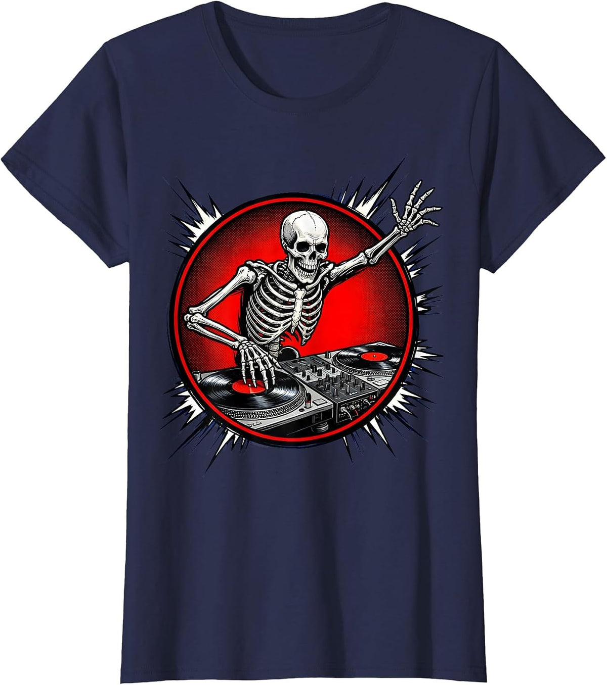 Women's Skeleton DJ Spinning Records Turntable Graphic T-Shirt - Navy Blue