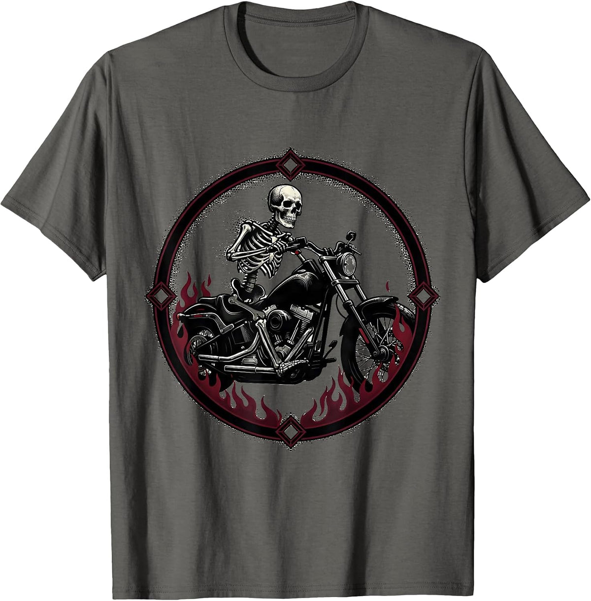 Men's Skeleton Rider Flaming Motorcycle Biker Graphic T-Shirt - Asphalt Grey